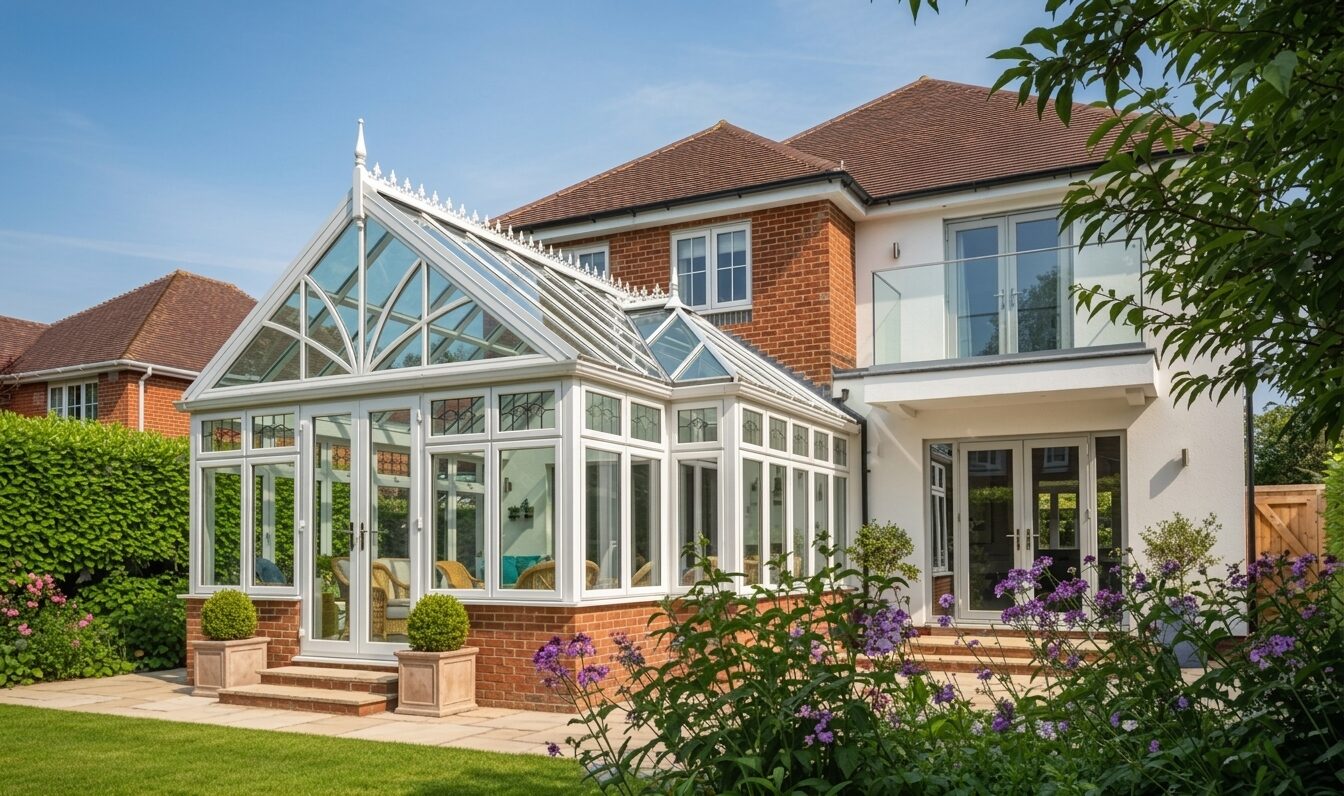 White Victorian conservatory with a faceted bay front