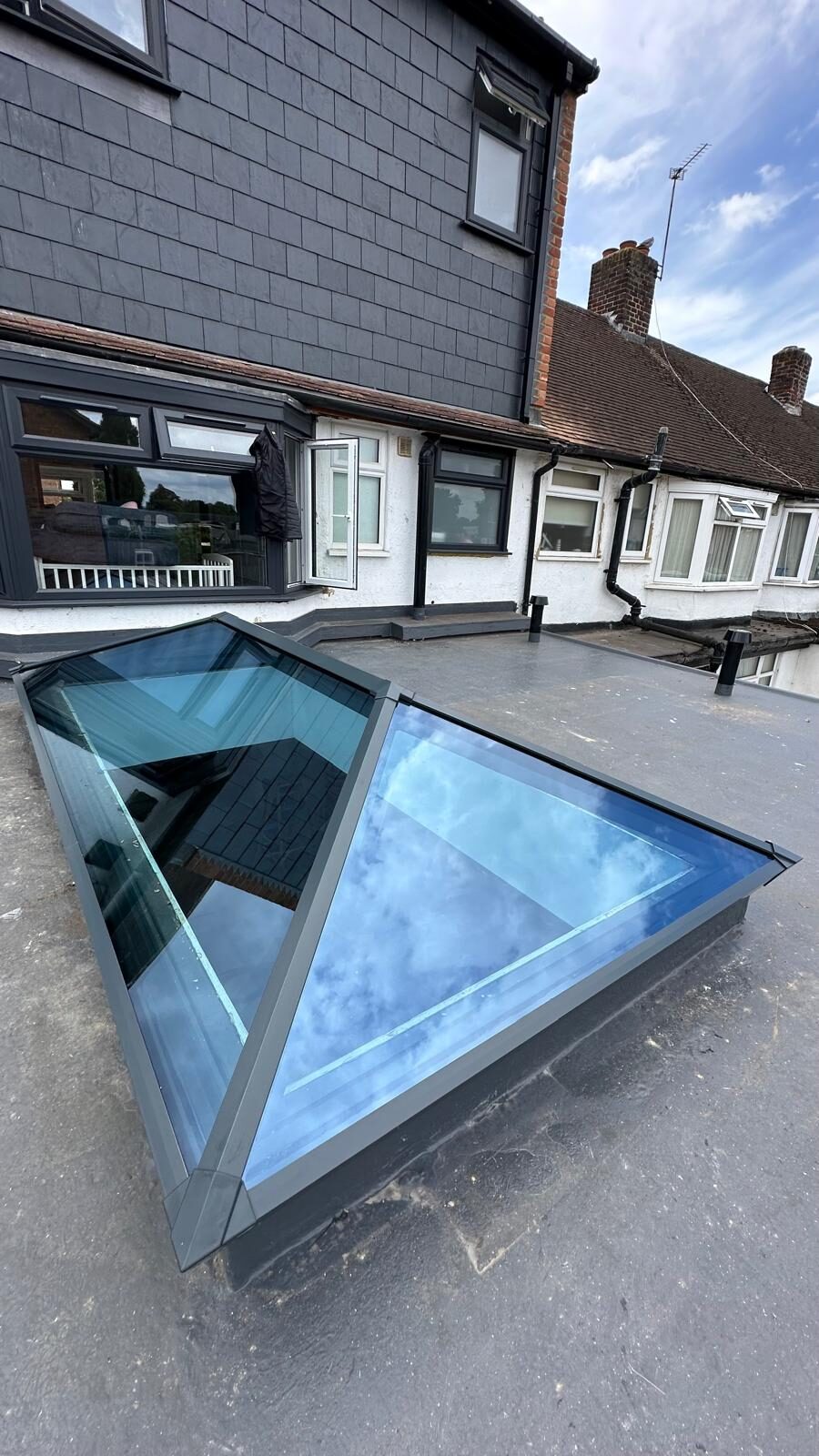 Aluminium roof lantern installed on a flat roof extension