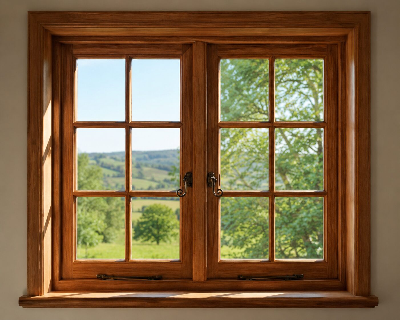 Stained timber casement window with Georgian bars